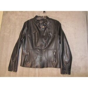 Frida G Black Faux Leather Moto Biker Jacket Womens‎ XL Zip Pockets Stand Collar